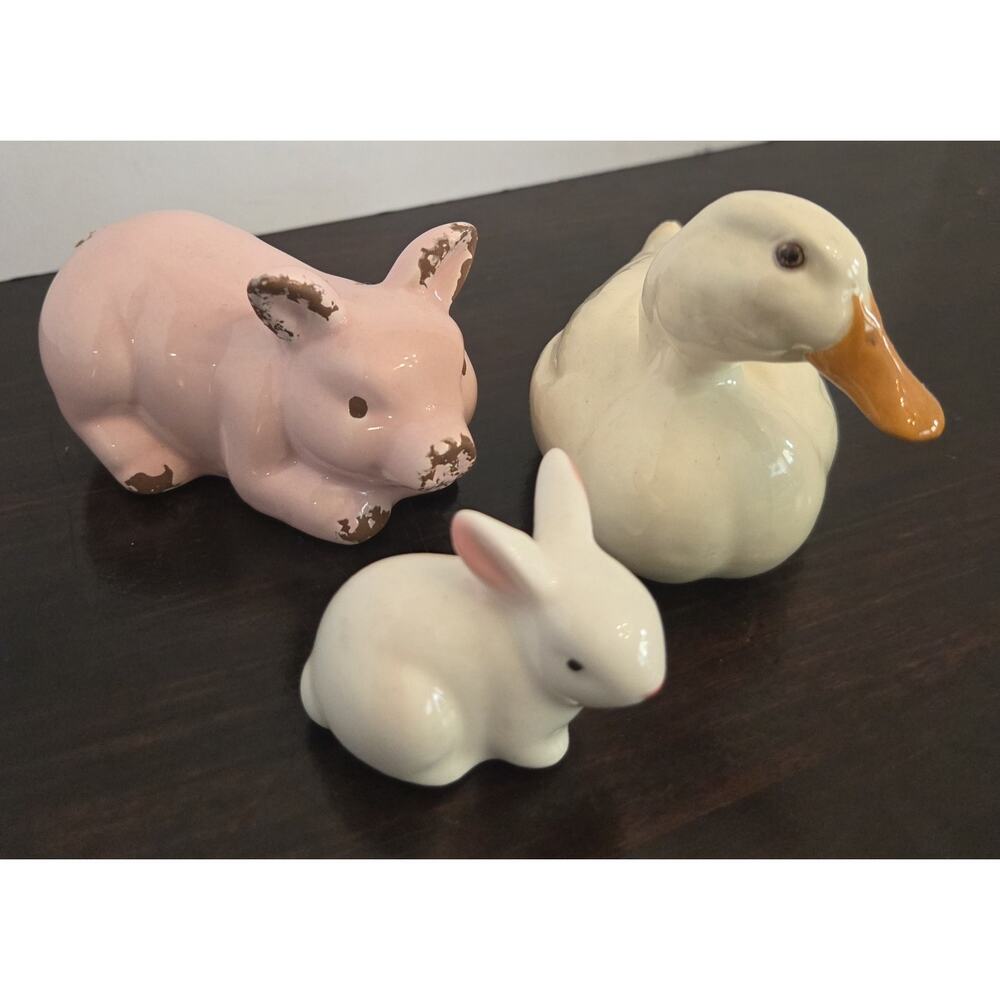 Vtg Set Duck Pig Rabbit Ceramic Figurines Small No Branding